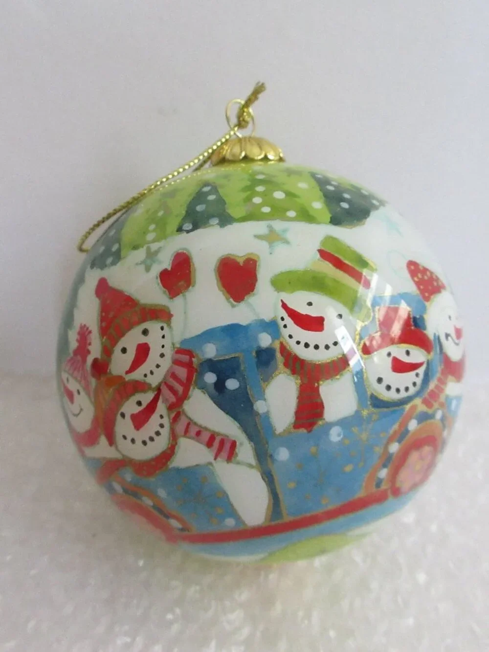 Pier 1 Li Bien Snowmen Glass Christmas Ornament 2009 Reverse Hand Painted